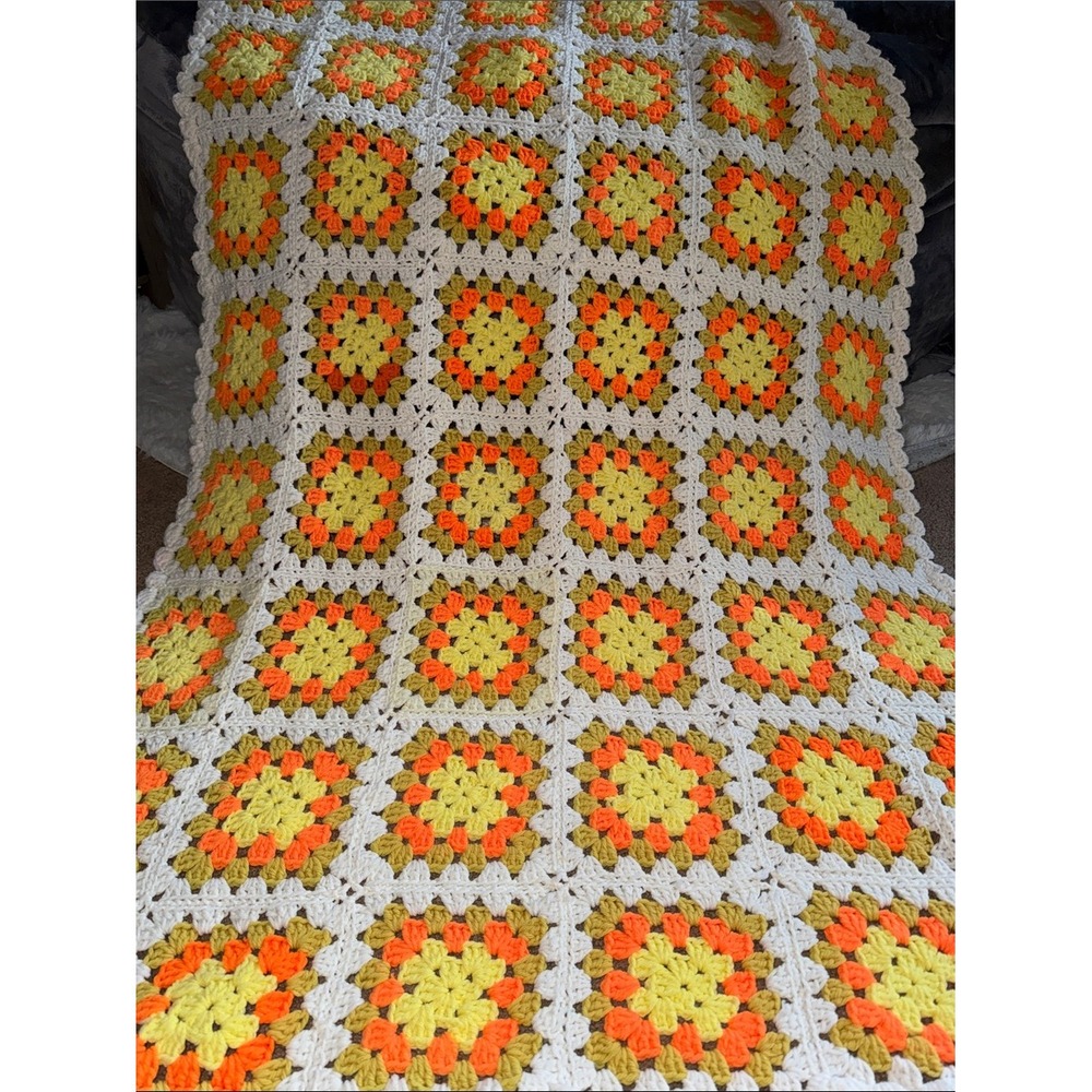 Hand Crafted Yellow Orange Cream Crochet Granny Square Throw Blanket